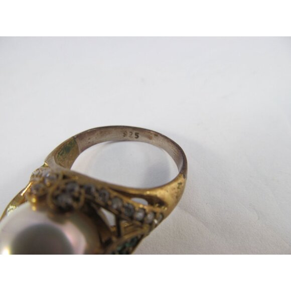 Faux Pearl Green and Clear Rhinestone Sterling Silver Gold Vermeil Ring Size 8.2 - Picture 9 of 12